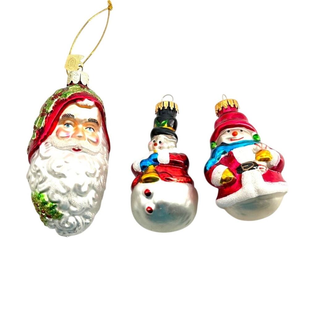 2 Snowman Glass Ornaments & 1 Kurt S Adler Santa Christmas Ornament Lot